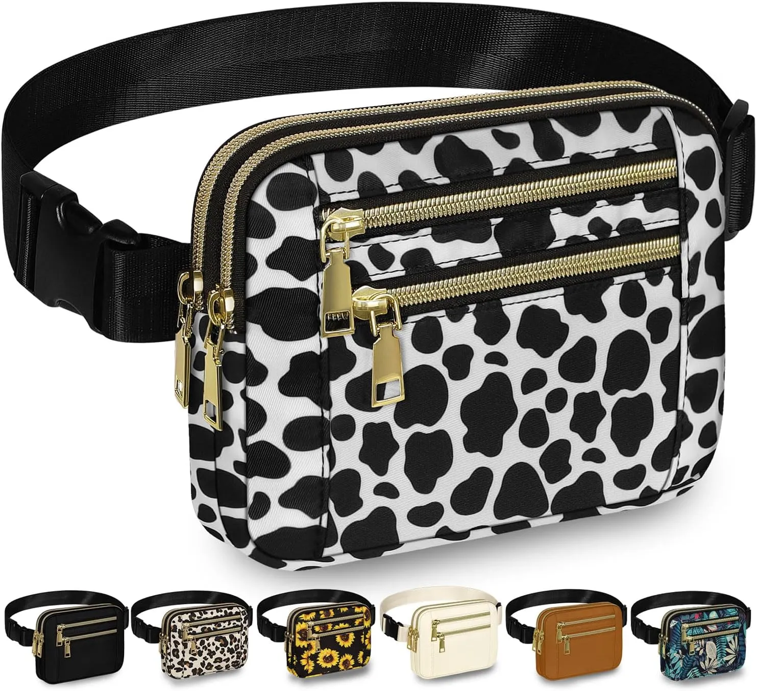 Capolo Fanny Packs for Women Fashion Waist Packs Bag with Adjustable Strap and 4 Zipper Pockets Waterproof Everywhere Crossbody Belt Bag for Workout Running Travelling(Cow Print)