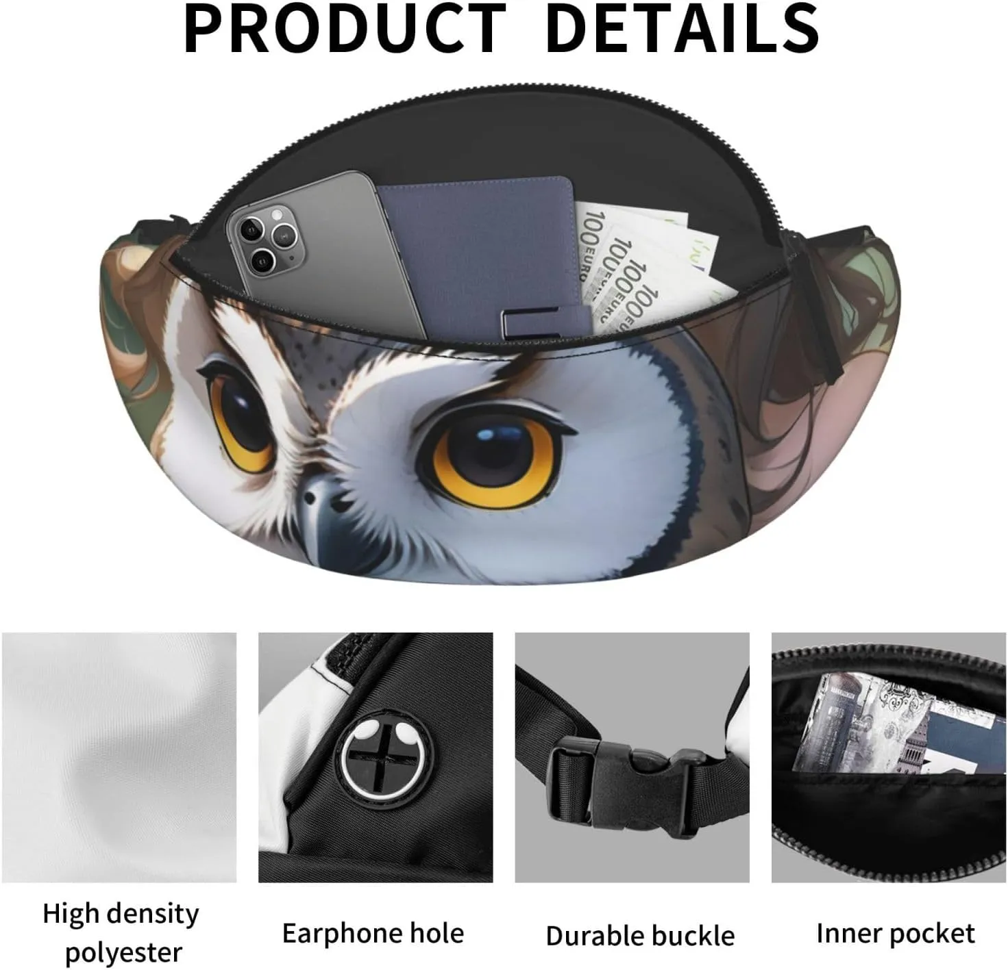 Casual Anime Owl Printed Fanny Pack,Crossbody Fanny packs for women Men Waist Bag for Running Travel
