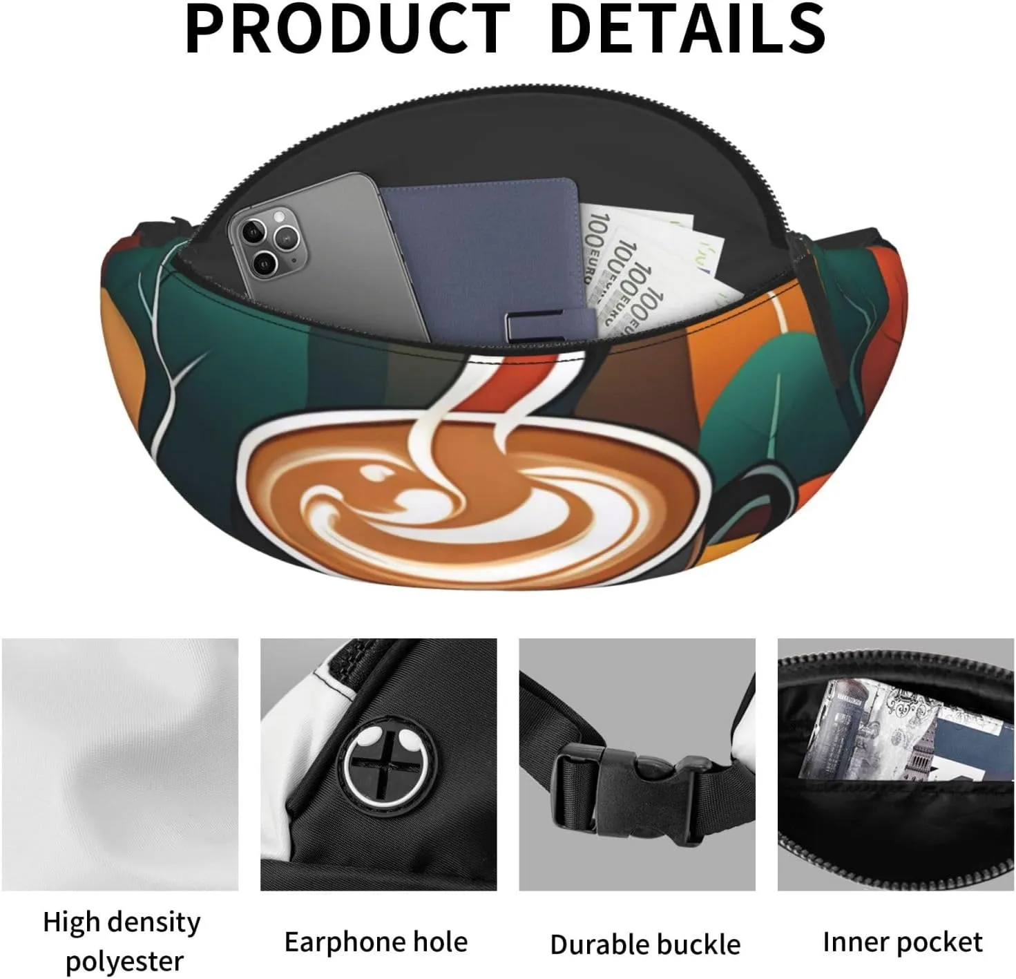 Casual Delicious Coffee Printed Fanny Pack,Crossbody Fanny packs for women Men Waist Bag for Running Travel