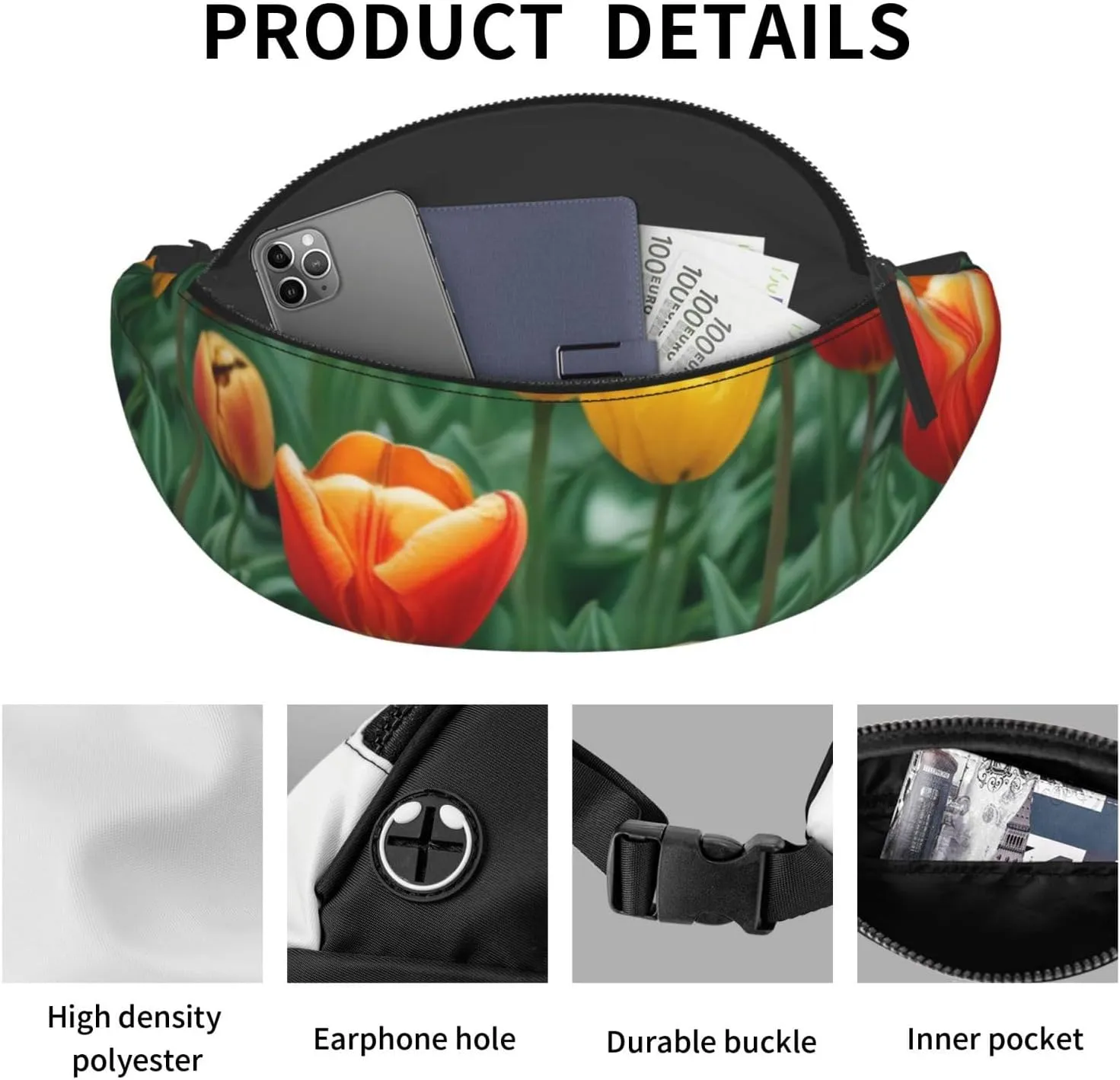 Casual tulips Printed Fanny Pack,Crossbody Fanny packs for women Men Waist Bag for Running Travel