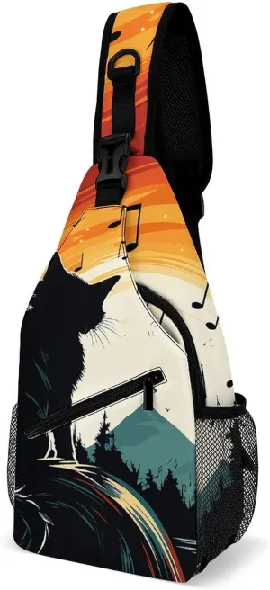Cat Silhouette Crossbody Sling Bag for Women Men Sling Backpack Travel Chest Bag Pack Man Purse Shoulder Bags Daypack for Travel Hiking Cycling