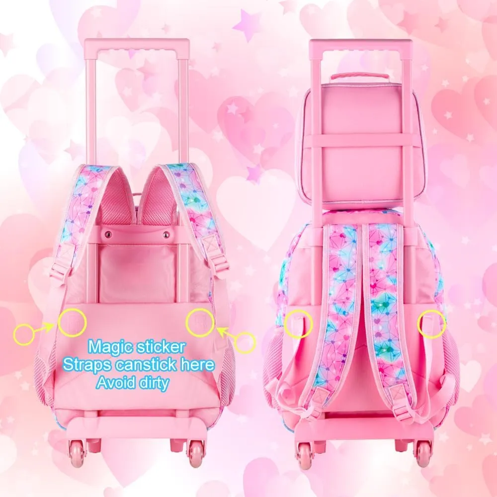 CCJPX 4PCS Rolling Backpack for Girls,Kids Mermaid Backpacks with Roller Wheels, Wheeled Bookbag with Lunch Box for Toddler Elementary School