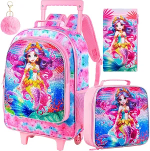 CCJPX 4PCS Rolling Backpack for Girls,Kids Mermaid Backpacks with Roller Wheels, Wheeled Bookbag with Lunch Box for Toddler Elementary School