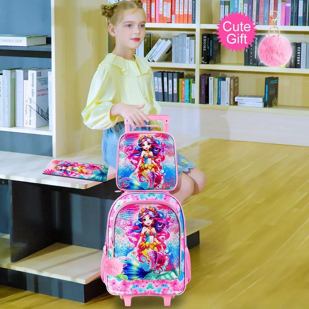 CCJPX 4PCS Rolling Backpack for Girls,Kids Mermaid Backpacks with Roller Wheels, Wheeled Bookbag with Lunch Box for Toddler Elementary School