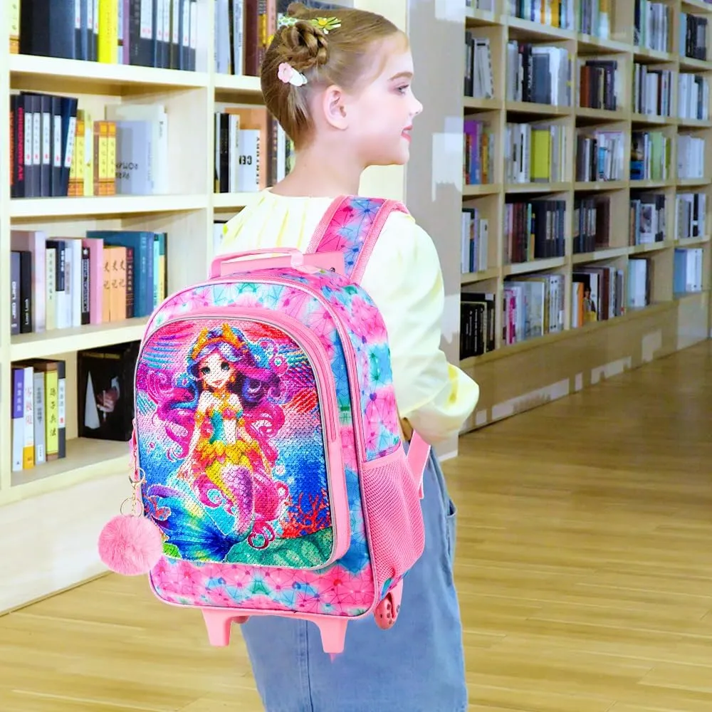 CCJPX 4PCS Rolling Backpack for Girls,Kids Mermaid Backpacks with Roller Wheels, Wheeled Bookbag with Lunch Box for Toddler Elementary School