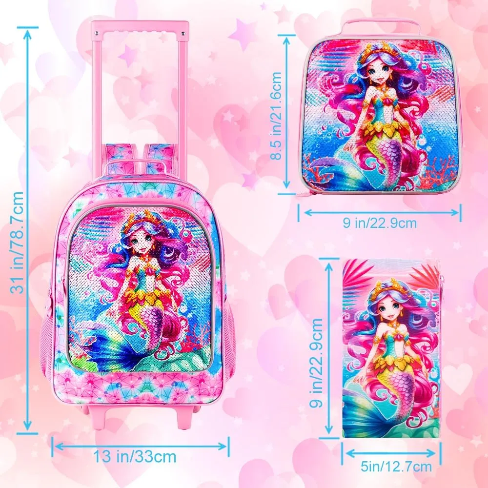 CCJPX 4PCS Rolling Backpack for Girls,Kids Mermaid Backpacks with Roller Wheels, Wheeled Bookbag with Lunch Box for Toddler Elementary School