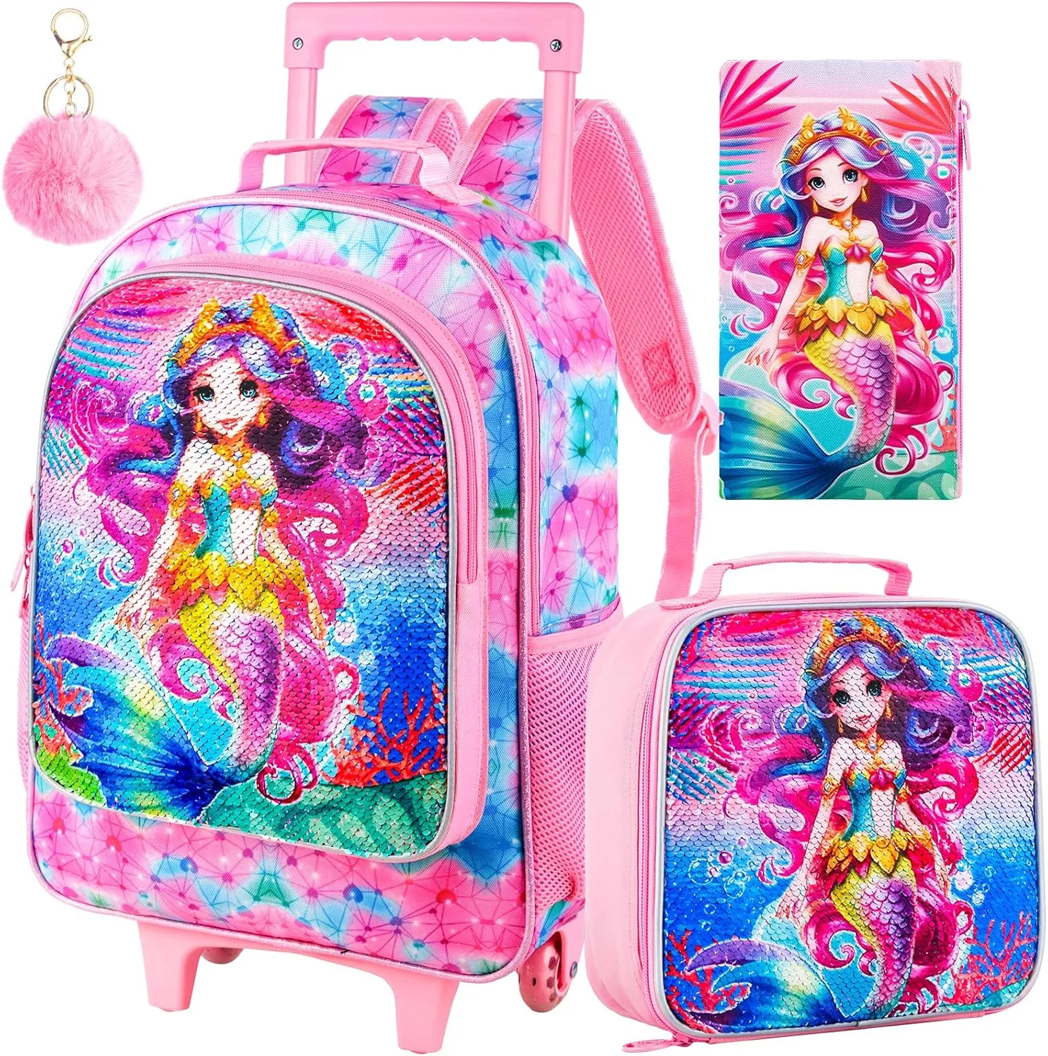 CCJPX 4PCS Rolling Backpack for Girls,Kids Mermaid Backpacks with Roller Wheels, Wheeled Bookbag with Lunch Box for Toddler Elementary School