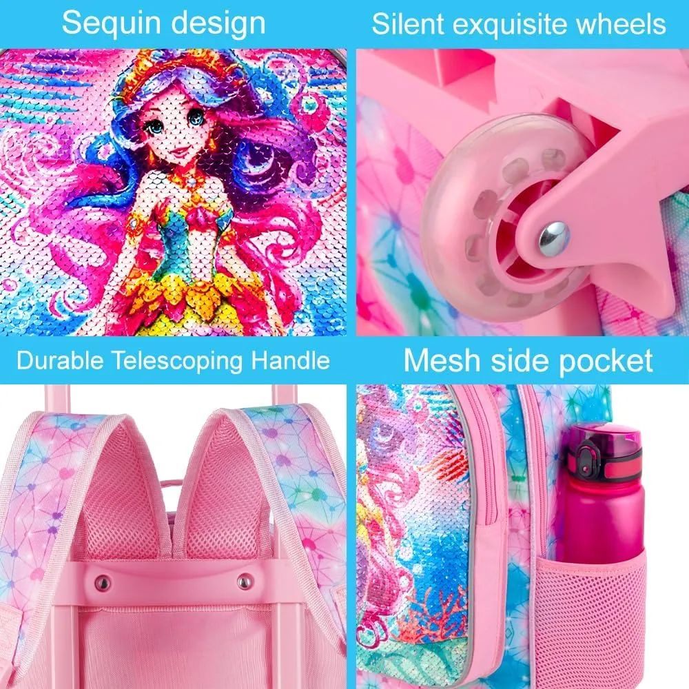 CCJPX 4PCS Rolling Backpack for Girls,Kids Mermaid Backpacks with Roller Wheels, Wheeled Bookbag with Lunch Box for Toddler Elementary School
