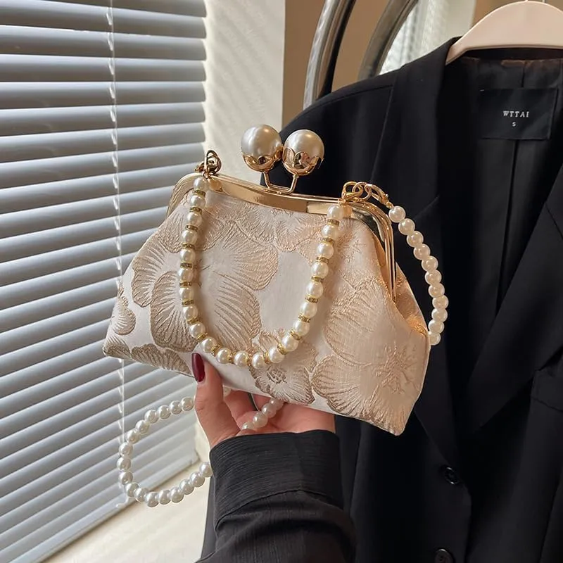 Chinese Embroidered Women's Bag Chinese Retro Handbag Crossbody Pearl-Rice White