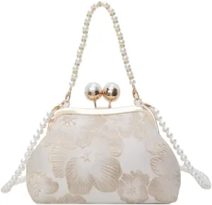 Chinese Embroidered Women's Bag Chinese Retro Handbag Crossbody Pearl-Rice White