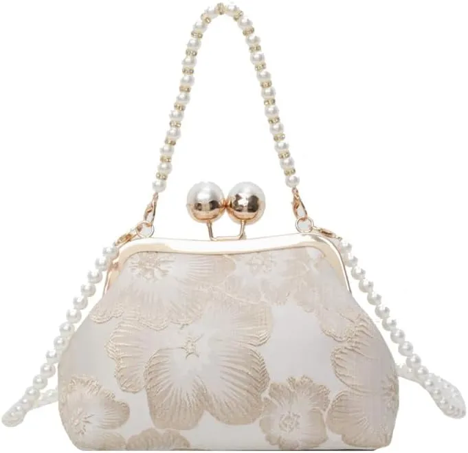 Chinese Embroidered Women's Bag Chinese Retro Handbag Crossbody Pearl-Rice White