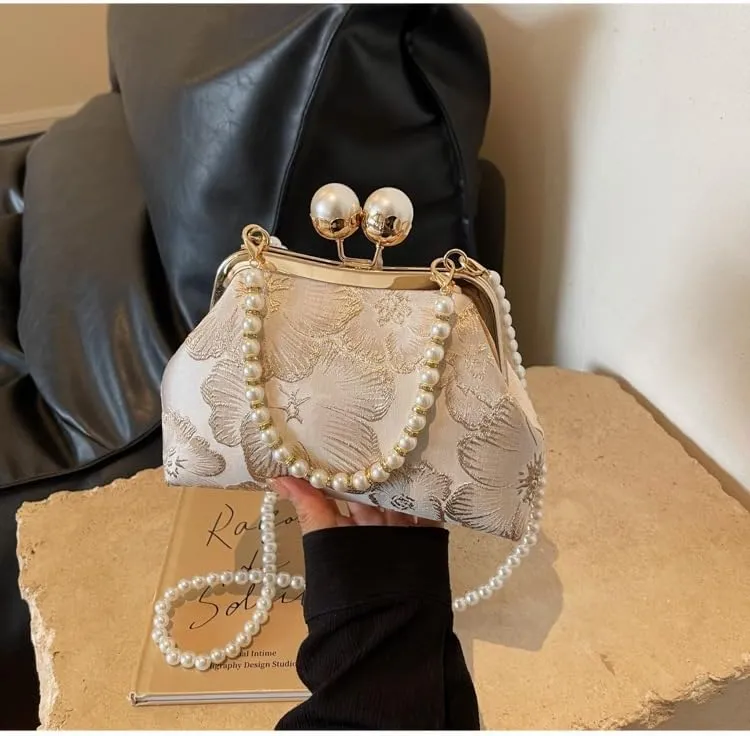Chinese Embroidered Women's Bag Chinese Retro Handbag Crossbody Pearl-Rice White