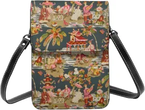 Chinese Style Chinoiserie Small Cross Body Bags For Women, Leather Cell Phone Purse With Adjustable Strap