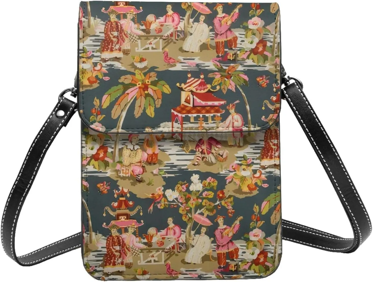 Chinese Style Chinoiserie Small Cross Body Bags For Women, Leather Cell Phone Purse With Adjustable Strap