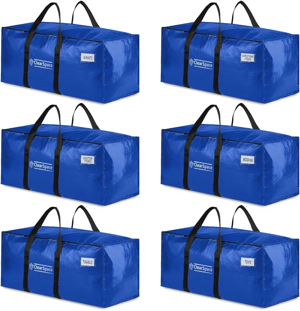 ClearSpace Heavy Duty Moving Bags or Storage Bins – Large Moving Boxes with Backpack Straps, Zippers & Handles – Perfect for Moving, College Dorm, Traveling, Camping, Christmas Decorations, 6 Pack