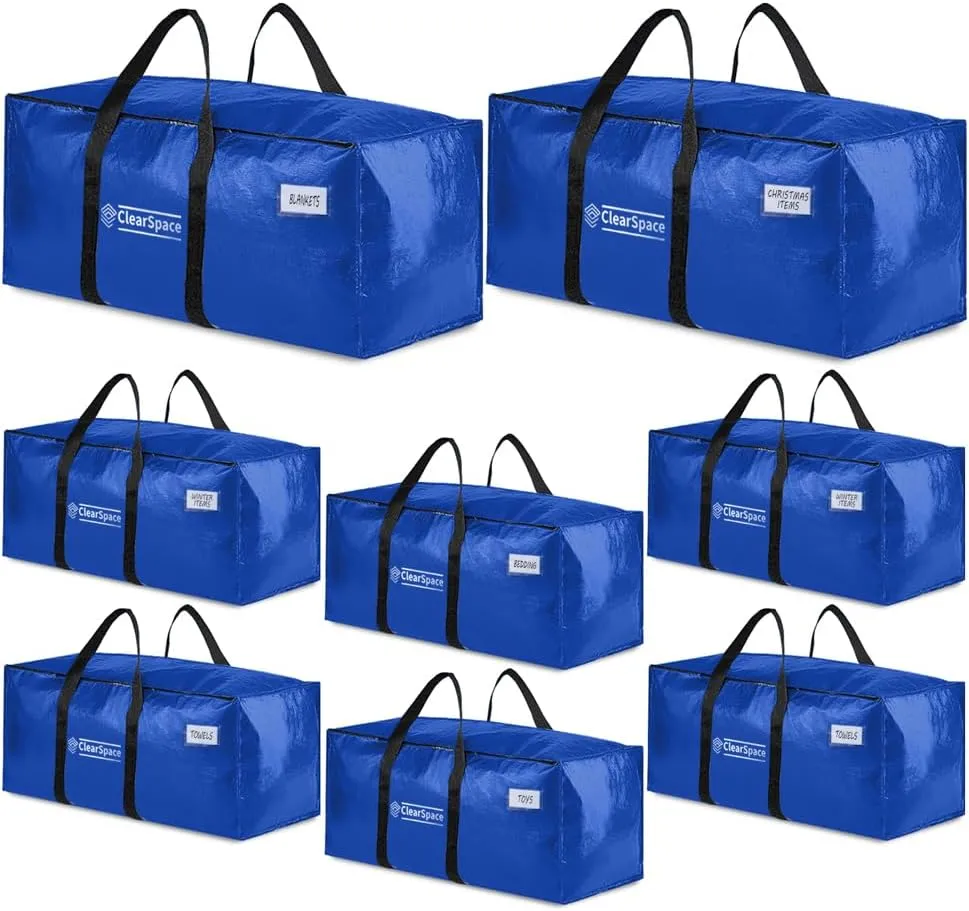 ClearSpace Heavy Duty Moving Bags or Storage Bins – Large Moving Boxes with Backpack Straps, Zippers & Handles – Perfect for Moving, College Dorm, Traveling, Camping, Christmas Decorations, 8 Pack