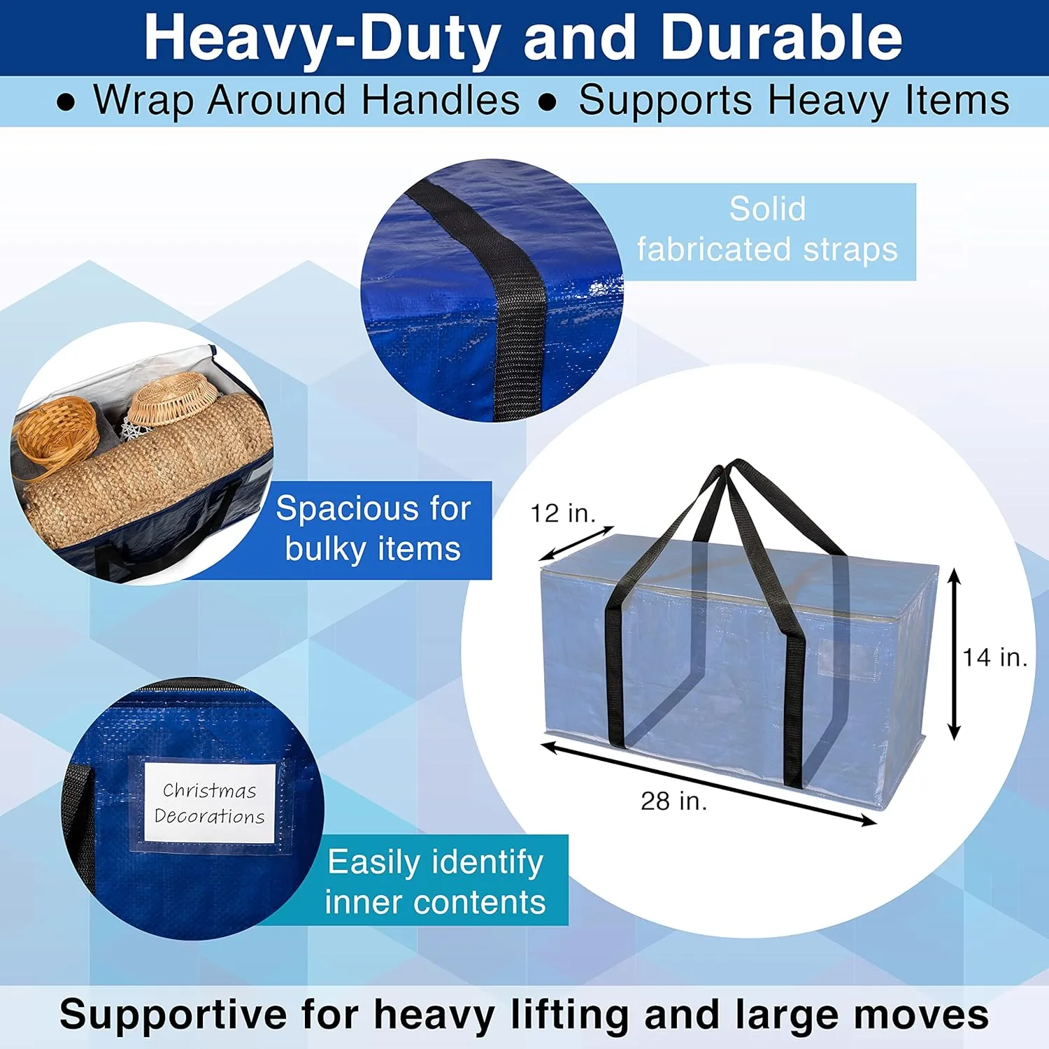 ClearSpace Heavy Duty Moving Bags or Storage Bins – Large Moving Boxes with Backpack Straps, Zippers & Handles – Perfect for Moving, College Dorm, Traveling, Camping, Christmas Decorations, 8 Pack