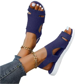 Comfortable Walking Open Toe Flat Sandals, Slide Slip on Casual Elastic Ankle Strap for Women Summer Dressy Outdoor Soft Soles Sandals