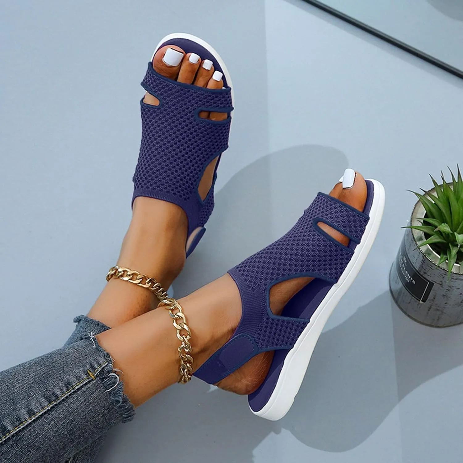 Comfortable Walking Open Toe Flat Sandals, Slide Slip on Casual Elastic Ankle Strap for Women Summer Dressy Outdoor Soft Soles Sandals