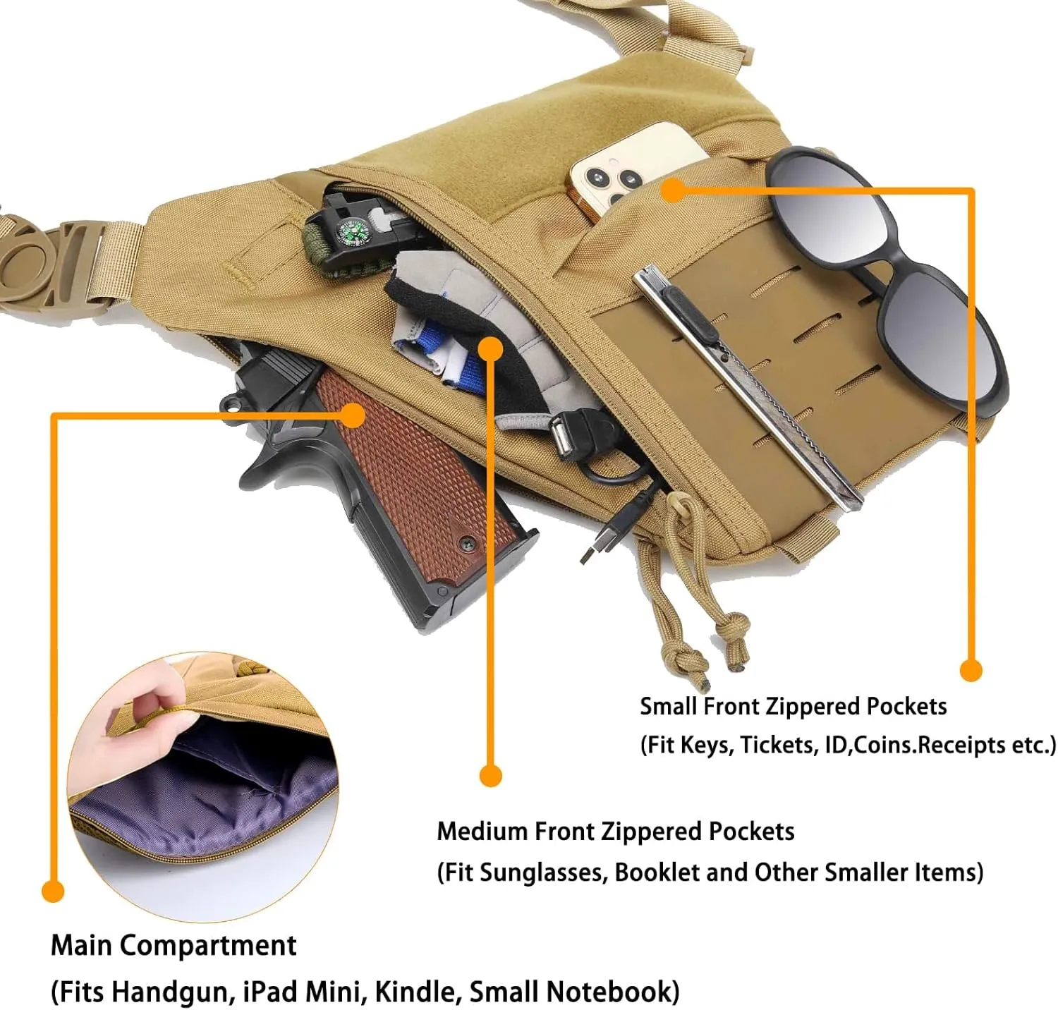 Concealed Carry Sling Bag for Men, Chest Holster Bag of Pistols Anti-Thief Crossbody Daypack Personal Pocket Sling Pack