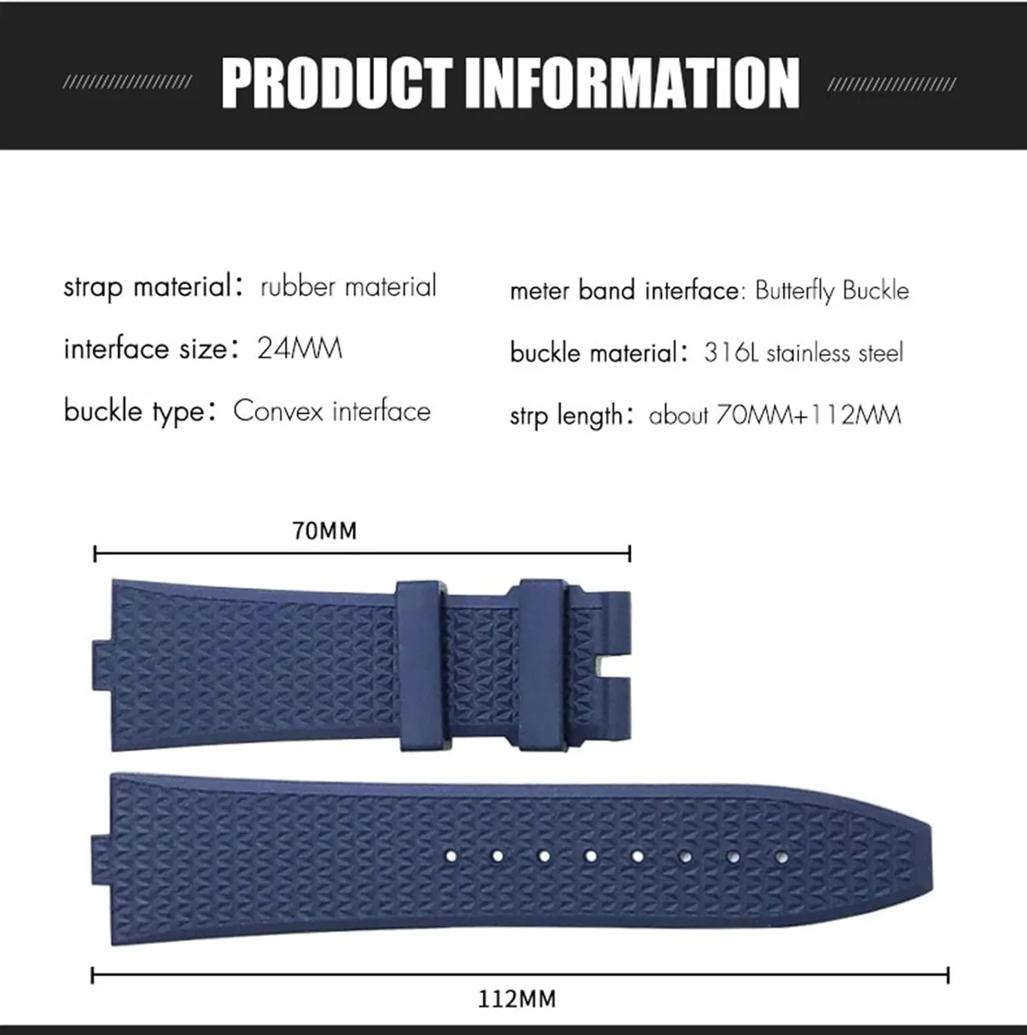 Convex Type Fluoros Rubber Watch Bands 24x7mm Fit for Vacheron Constantin Overseas Quick Release Silicone Strap Screw Buckle