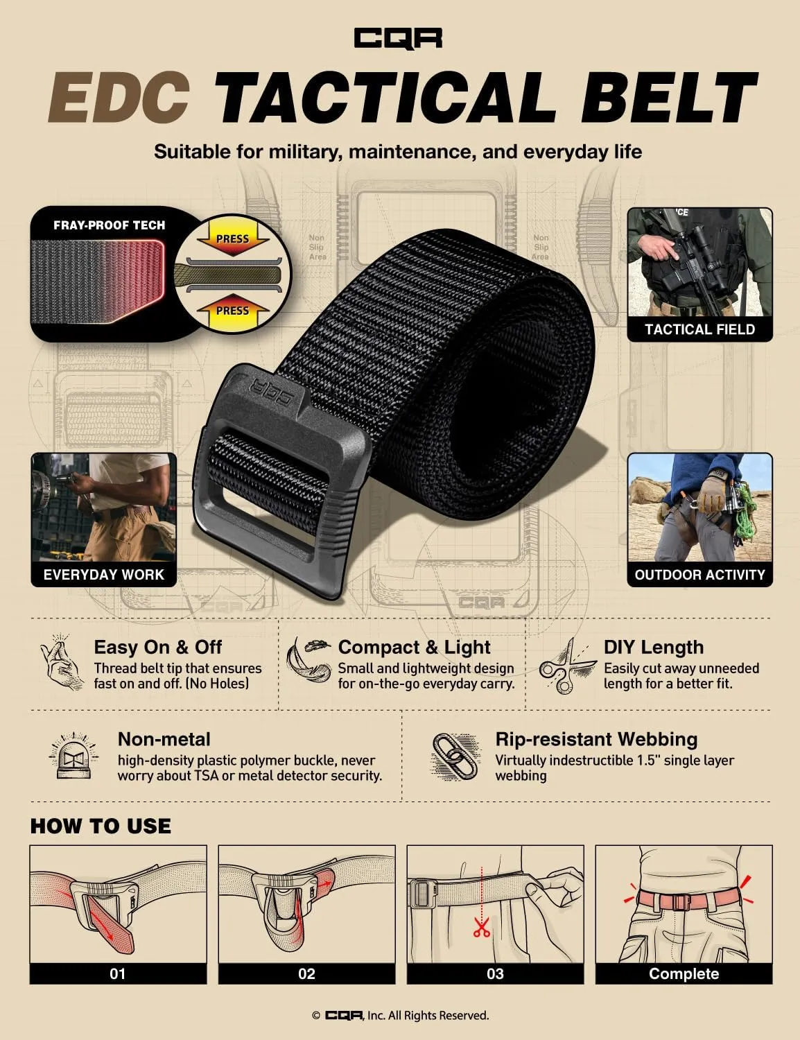 CQR Tactical Belt, Military Style Heavy Duty Belt, Webbing EDC Quick-Release Buckle