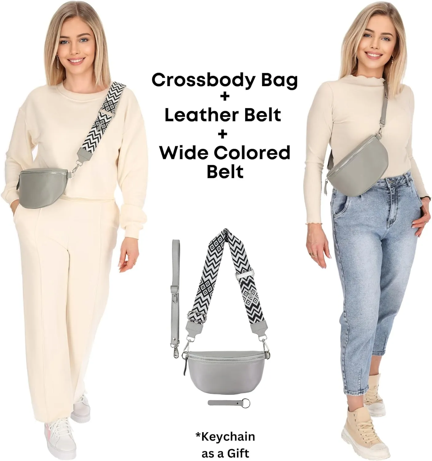 Crossbody Bags for Women Trendy, Genuine Leather Small Sling Bag, Fanny Packs with 2 Detachable Straps - Wide and Leather