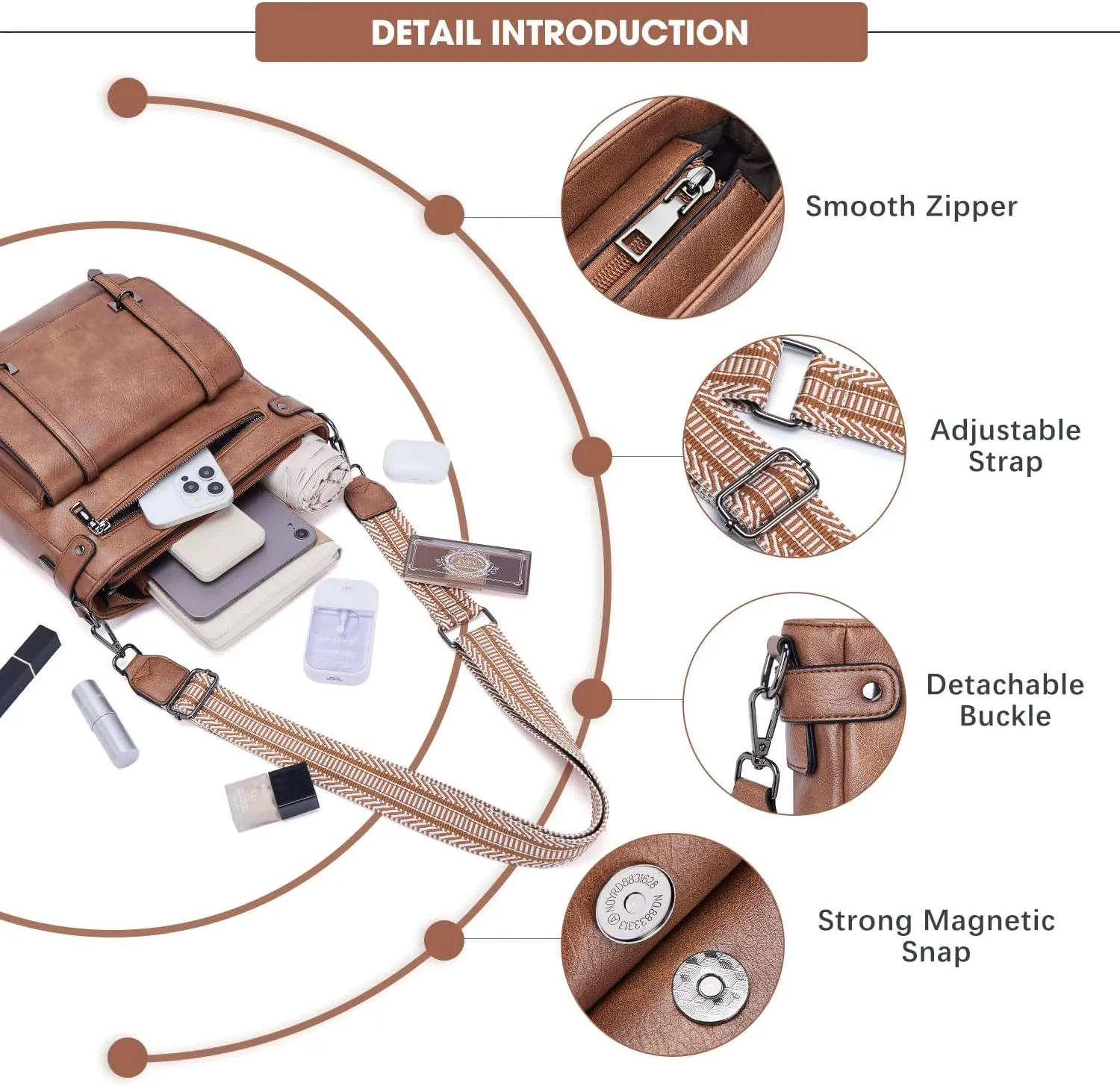 Crossbody Bags for Women,Multi Pocket Crossbody Purses Vegan Leather Shoulder Handbags Travel Purse Adjustable Strap