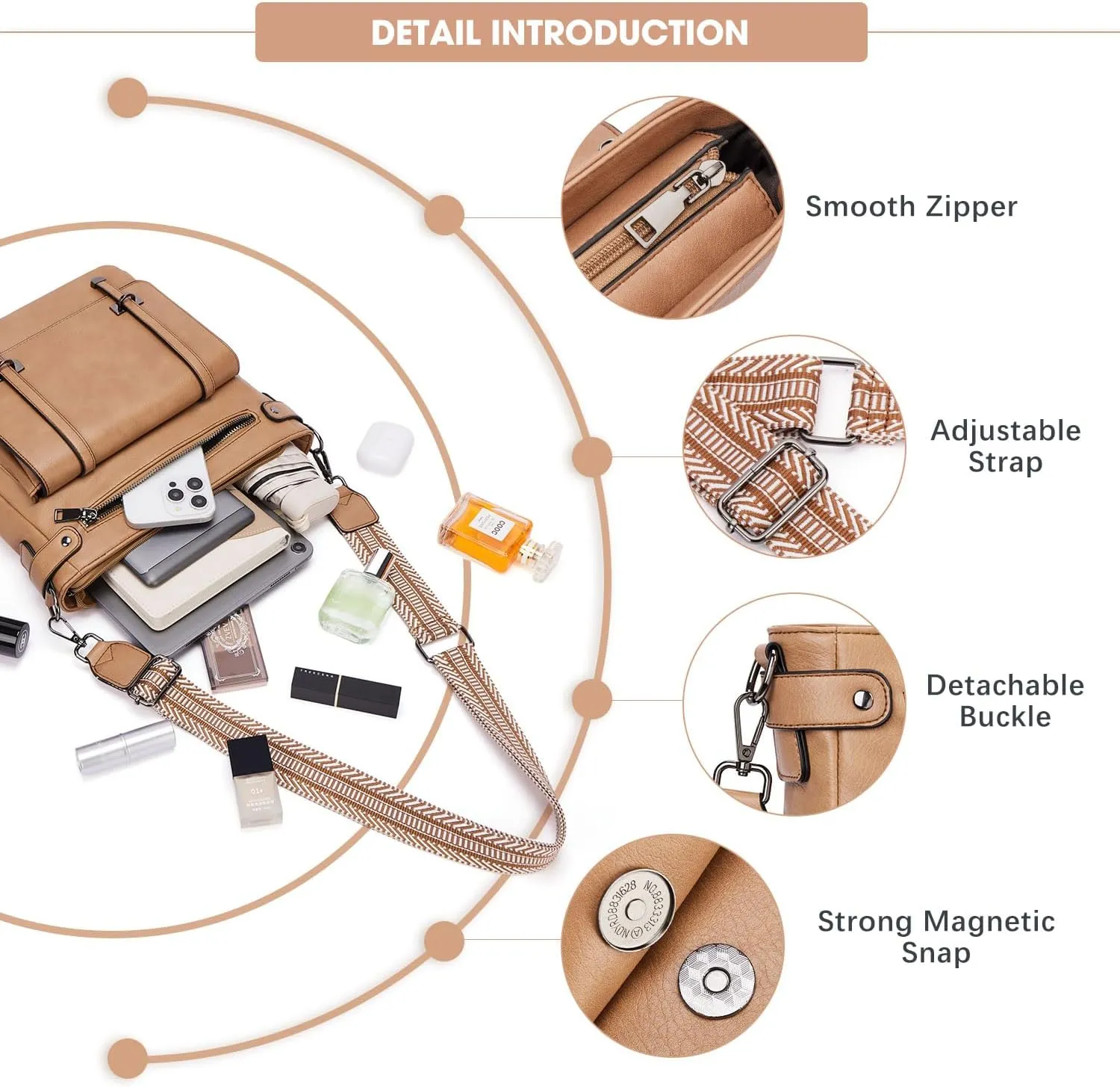 Crossbody Bags for Women,Multi Pocket Crossbody Purses Vegan Leather Shoulder Handbags Travel Purse Adjustable Strap