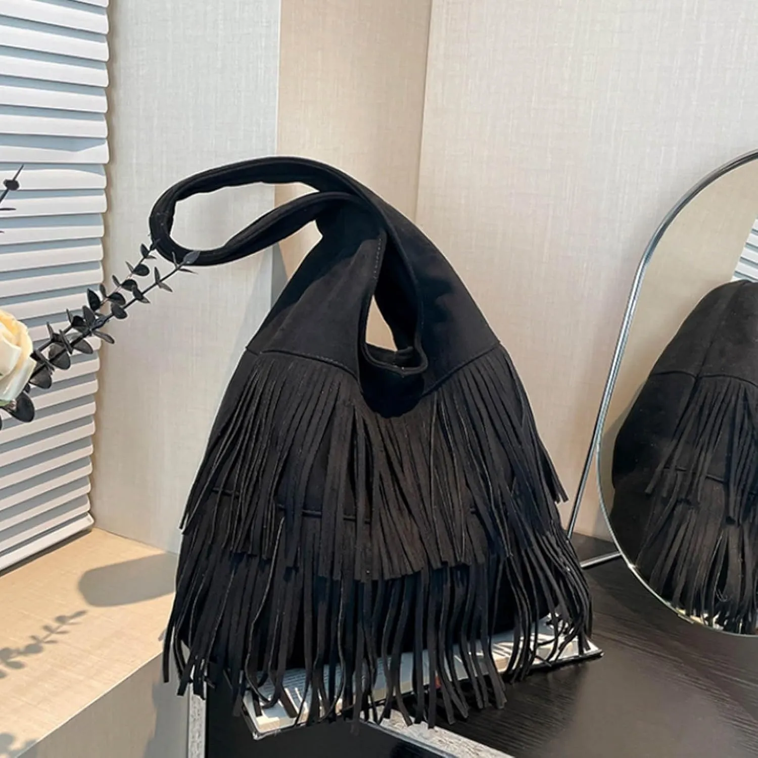 Crossbody Purse for Women Trendy Retro Suede Flock Capacity Handbag with Wide Comfortable Strap Tassel