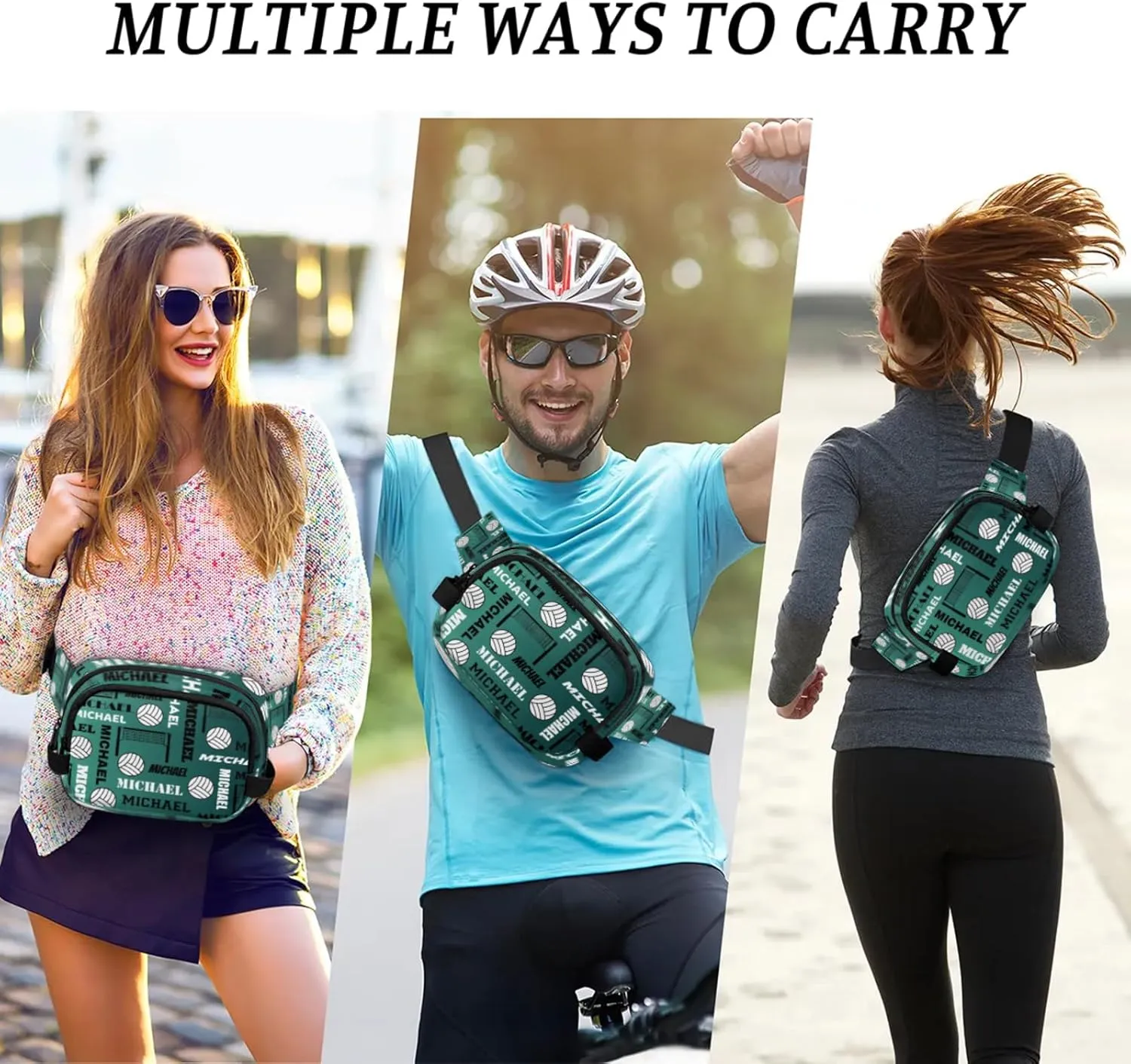 Custom Name Volleyball Waist Packs for Women Men, Personalized Belt Bag Crossbody Fanny Pack with Adjustable Strap for Sports Workout Running, Dark Green Blue