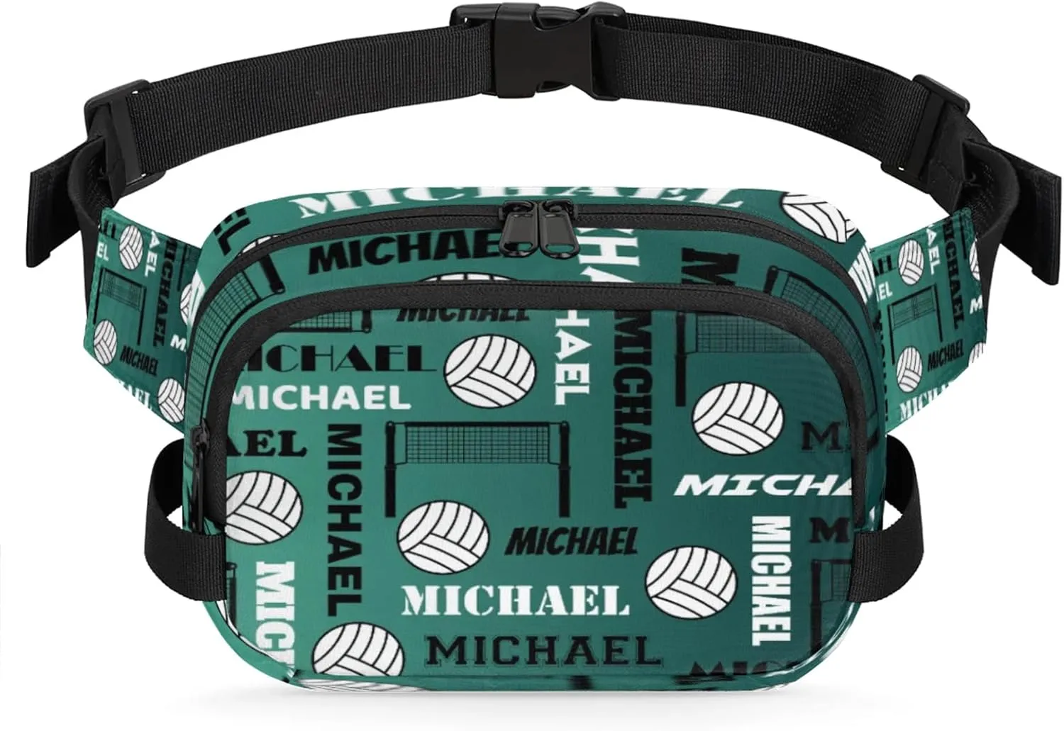 Custom Name Volleyball Waist Packs for Women Men, Personalized Belt Bag Crossbody Fanny Pack with Adjustable Strap for Sports Workout Running, Dark Green Blue