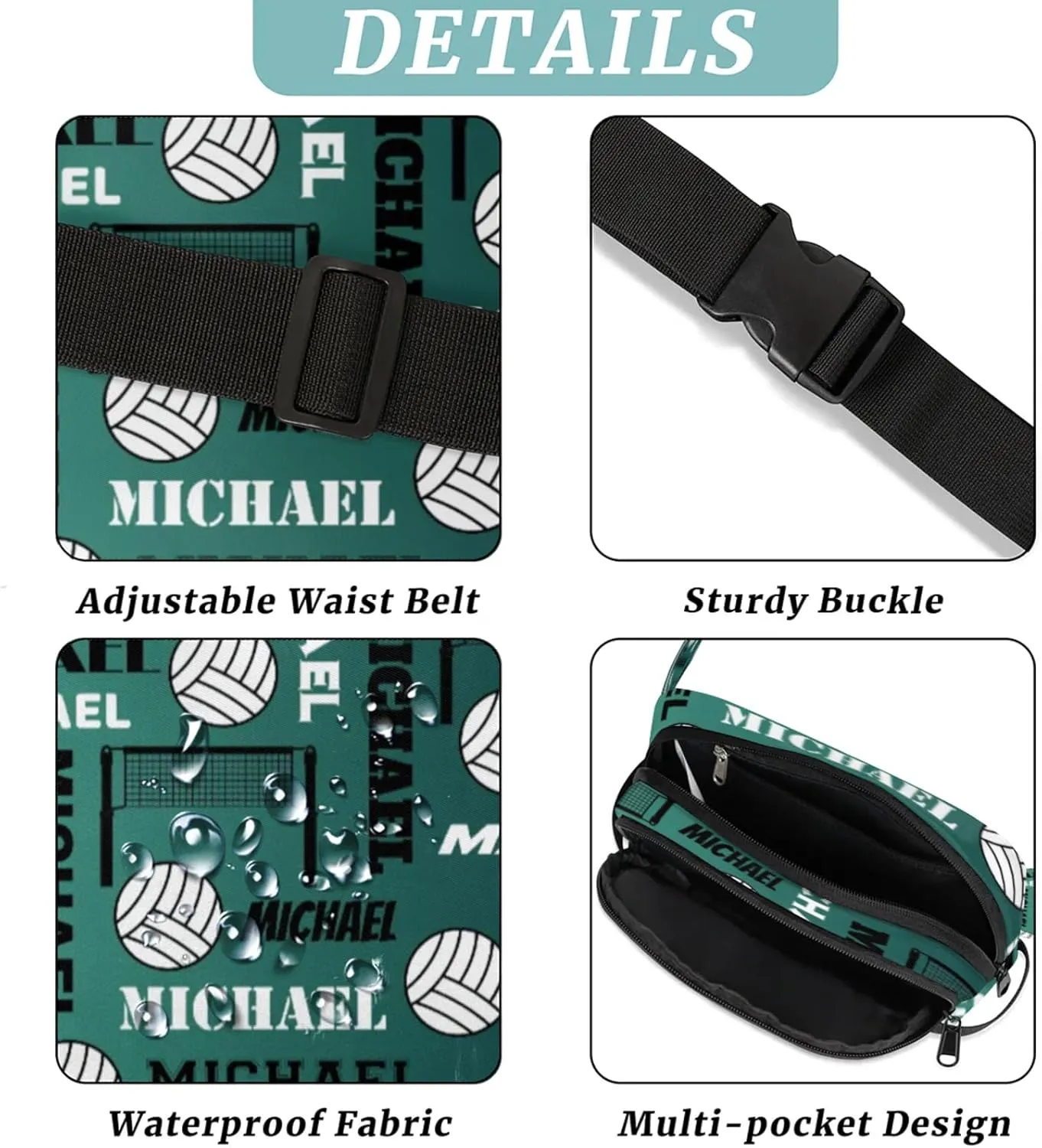 Custom Name Volleyball Waist Packs for Women Men, Personalized Belt Bag Crossbody Fanny Pack with Adjustable Strap for Sports Workout Running, Dark Green Blue