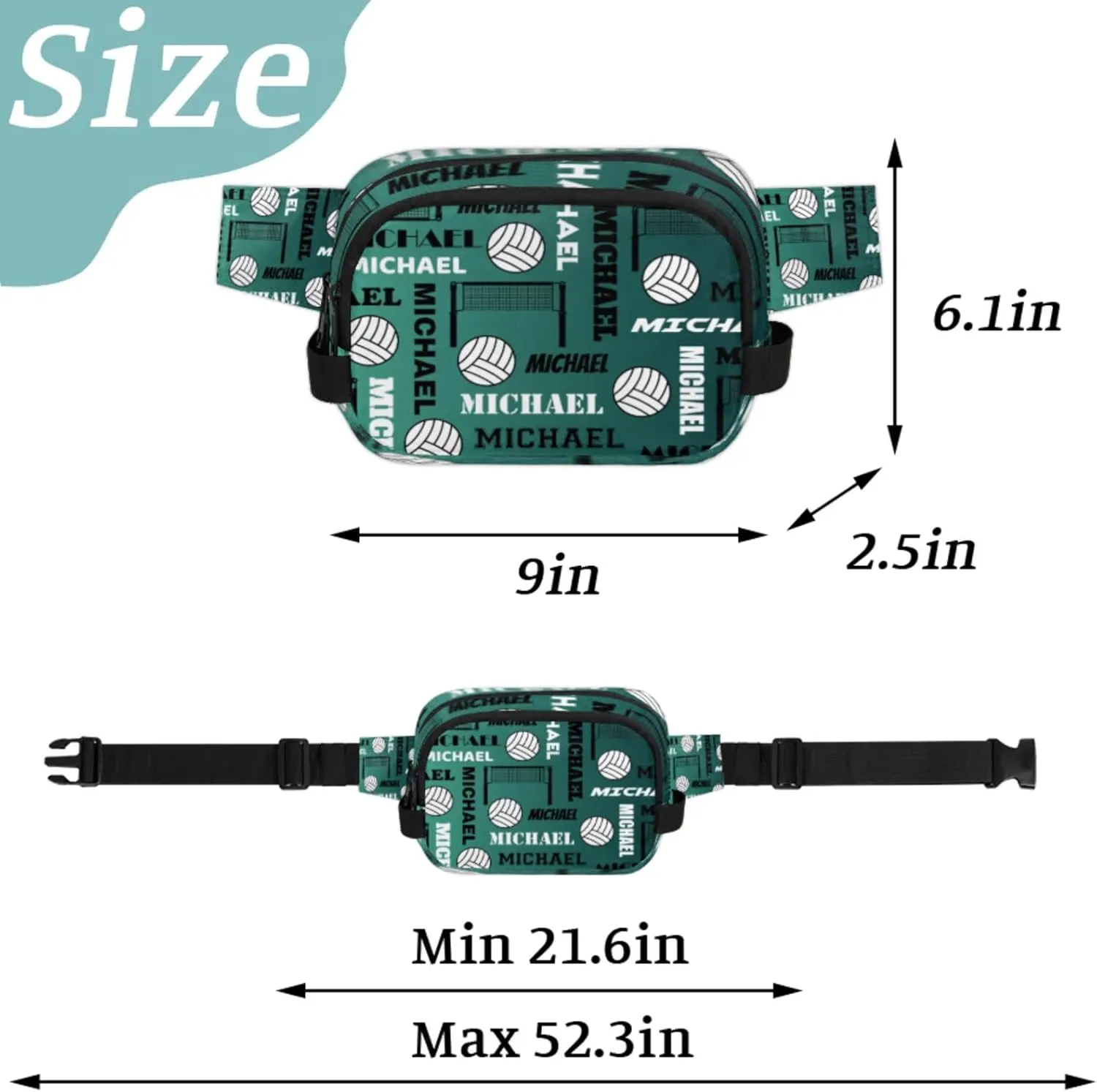 Custom Name Volleyball Waist Packs for Women Men, Personalized Belt Bag Crossbody Fanny Pack with Adjustable Strap for Sports Workout Running, Dark Green Blue