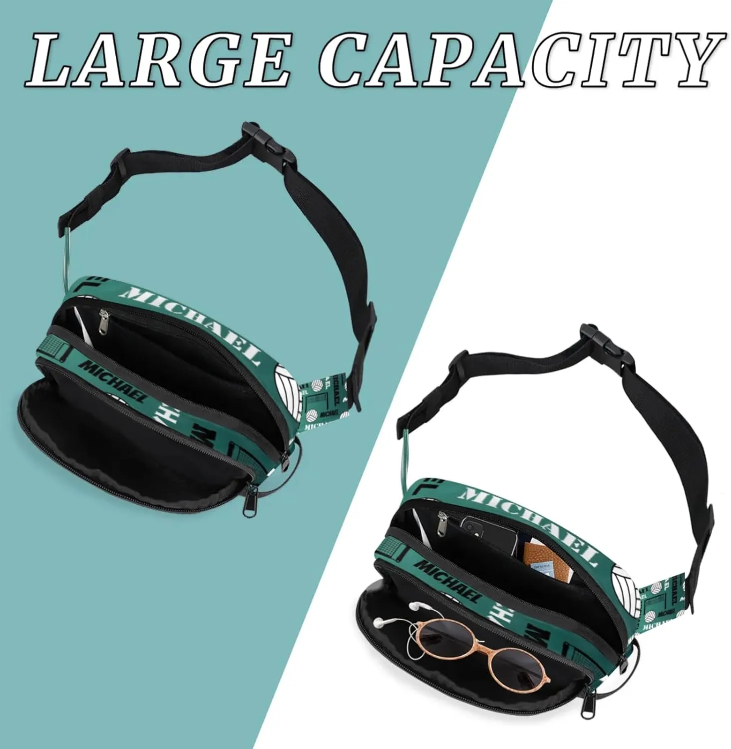 Custom Name Volleyball Waist Packs for Women Men, Personalized Belt Bag Crossbody Fanny Pack with Adjustable Strap for Sports Workout Running, Dark Green Blue