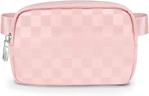 DANCOUR Checkered Belt Bag - Leather Crossbody Fanny Pack for Women - Light Pink