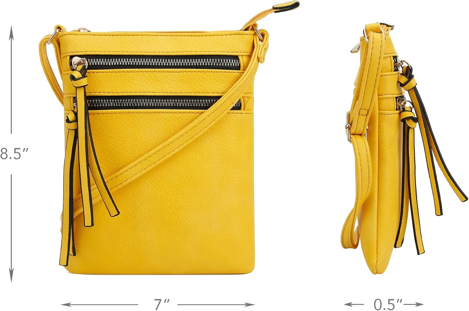 DELUXITY | Crossbody Purse Bag | Functional Multi Pocket Double Zipper Purse | Adjustable Strap | Medium Size Purse | Yellow