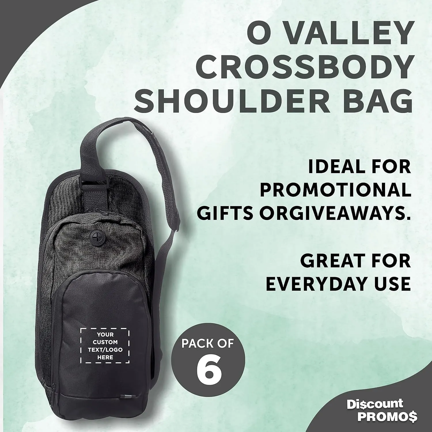 DISCOUNT PROMOS Custom O Valley Crossbody Shoulder Bag Set of 6, Personalized Bulk Pack - Bring Everywhere You Go, Perfect for Travellers and Great for Everyday Use - Black