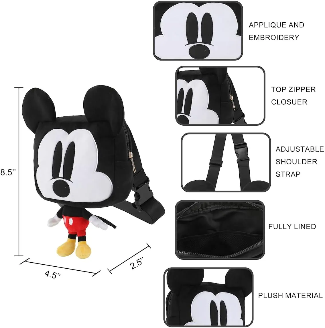 Disney Mickey Mouse 9.5" Festie Bestie Plush Crossbody Hand Bag
