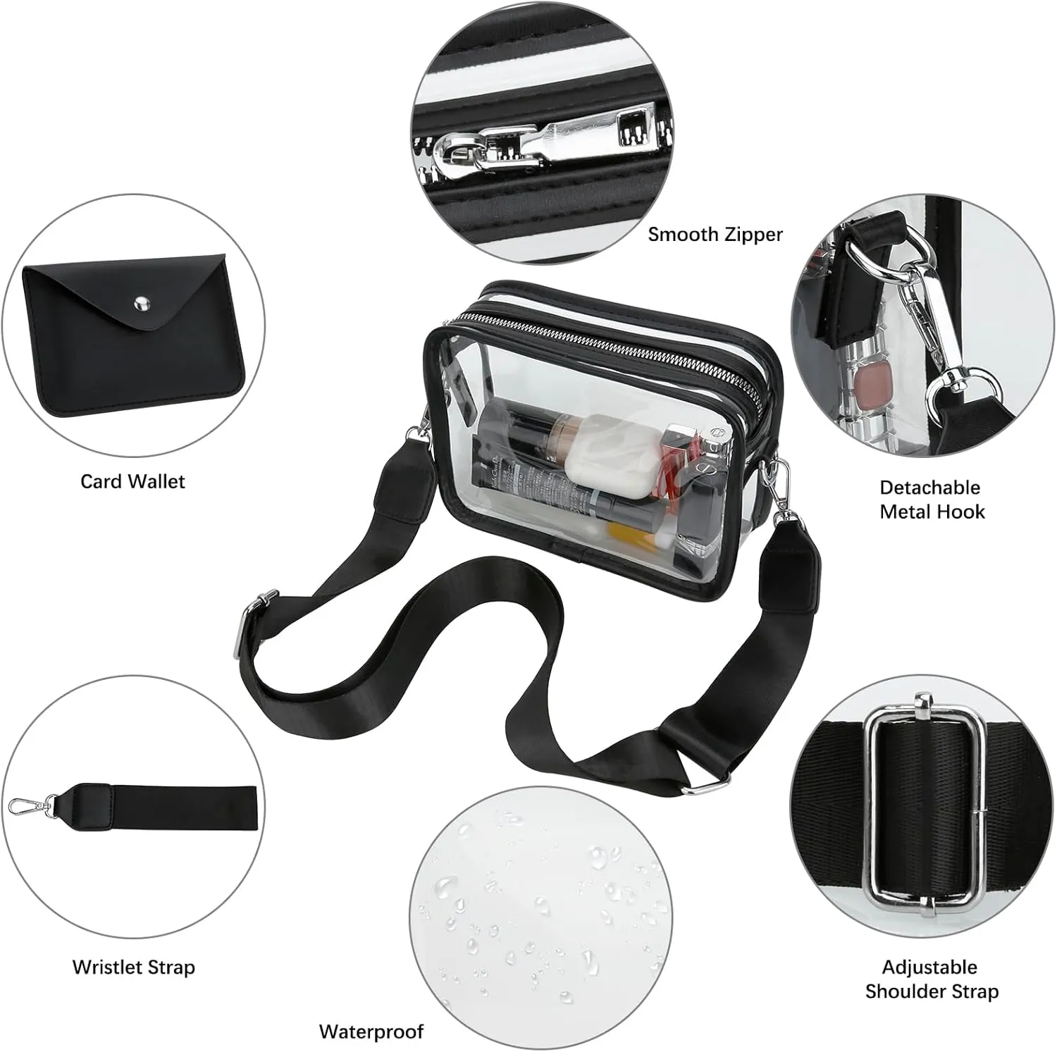 DOB SECHS Clear Crossbody Purse Bag - Clear Messenger Bag for Stadium Concerts & Sporting Events