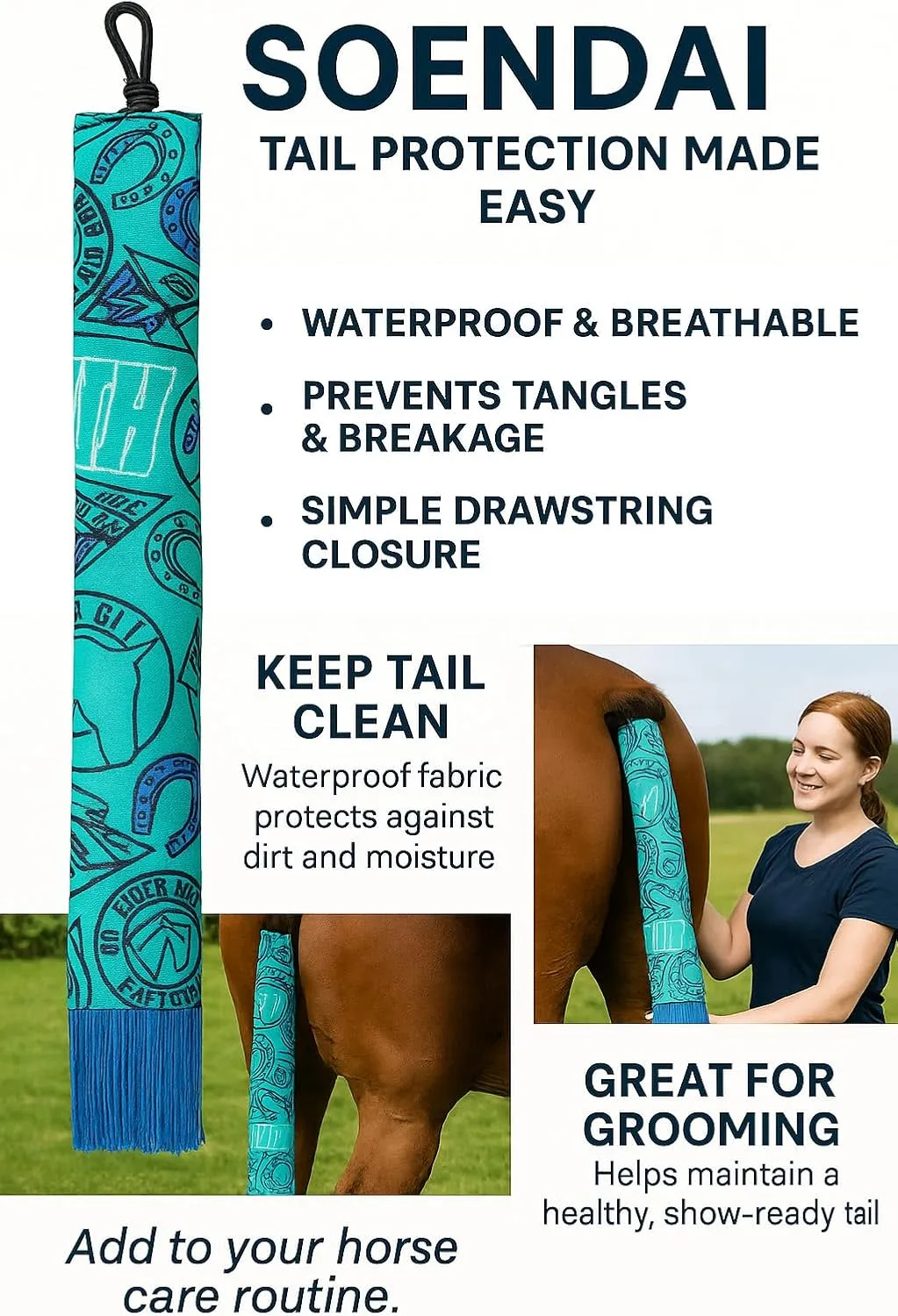 Durable Waterproof Horse Tail Bag – Protects Tail from Dirt, Prevents Tangles & Breakage – Easy to Use, Reusable Tail Wrap for Horses – Great Gift for Riders & Owners (Blue, 3.9x3.14 inch)