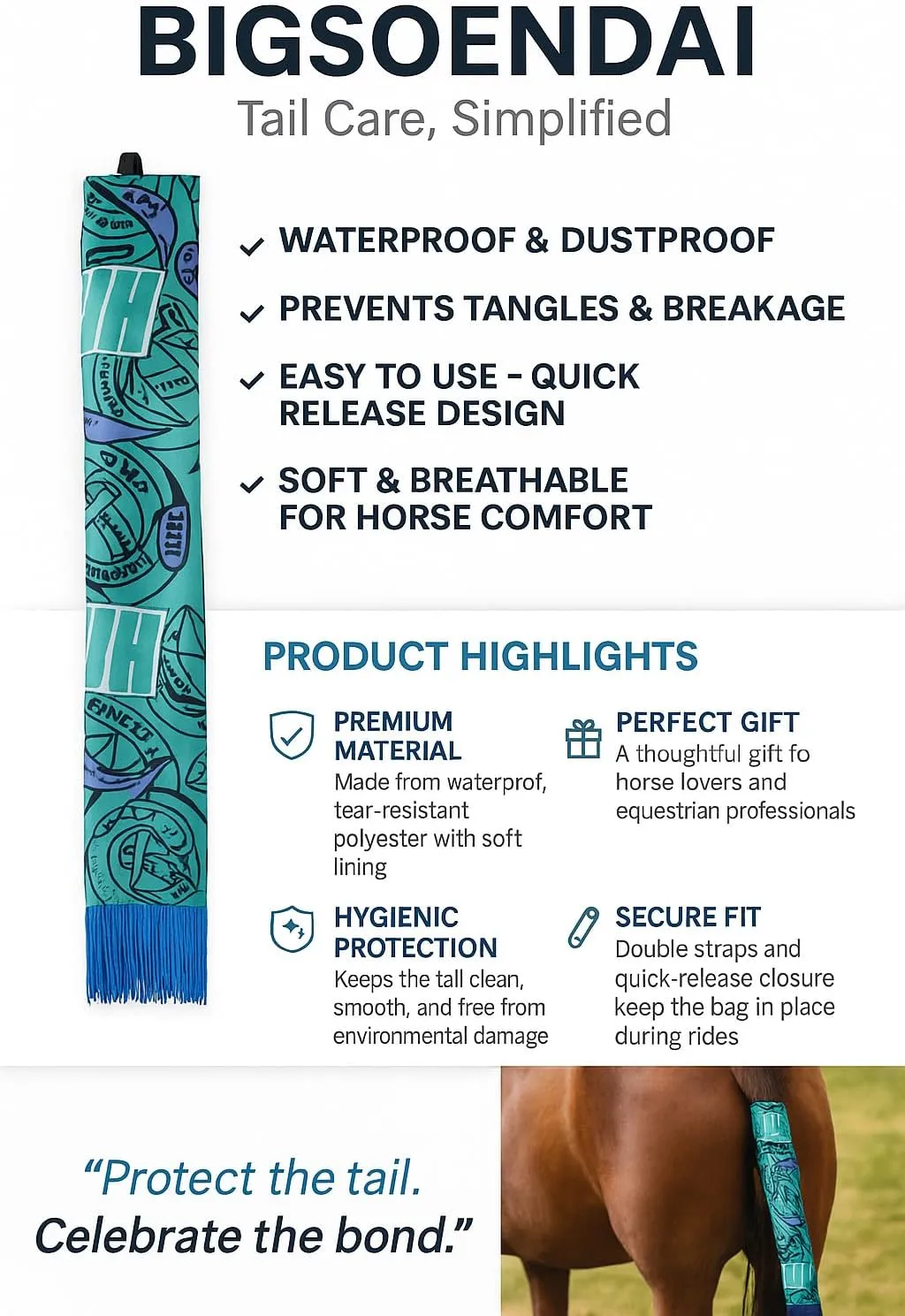 Durable Waterproof Horse Tail Bag – Protects Tail from Dirt, Prevents Tangles & Breakage – Easy to Use, Reusable Tail Wrap for Horses – Great Gift for Riders & Owners (Blue, 3.9x3.14 inch)