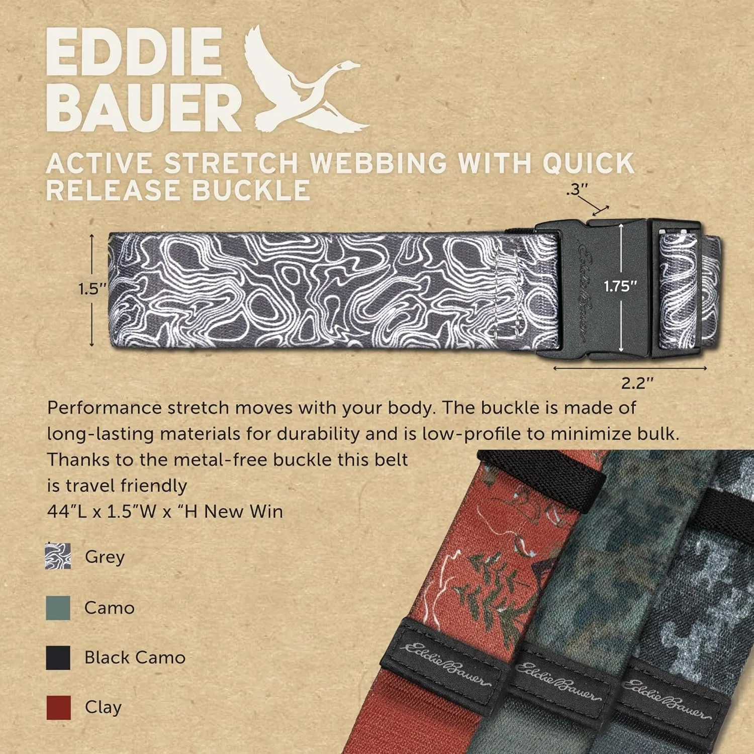 Eddie Bauer Men's Active Stretch Webbing Belts with Quick Release Buckle, Multiple Colors, One Size Fits Most