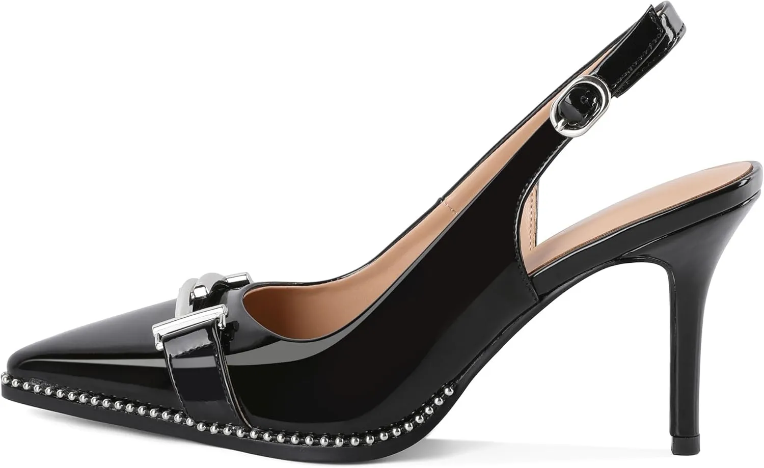 Eldof Women Slingback Heels Beaded Pumps Pointed Toe Slip On Stilettos High Heel Pumps Shoes with Silver Buckle Dressy 3.5 Inches
