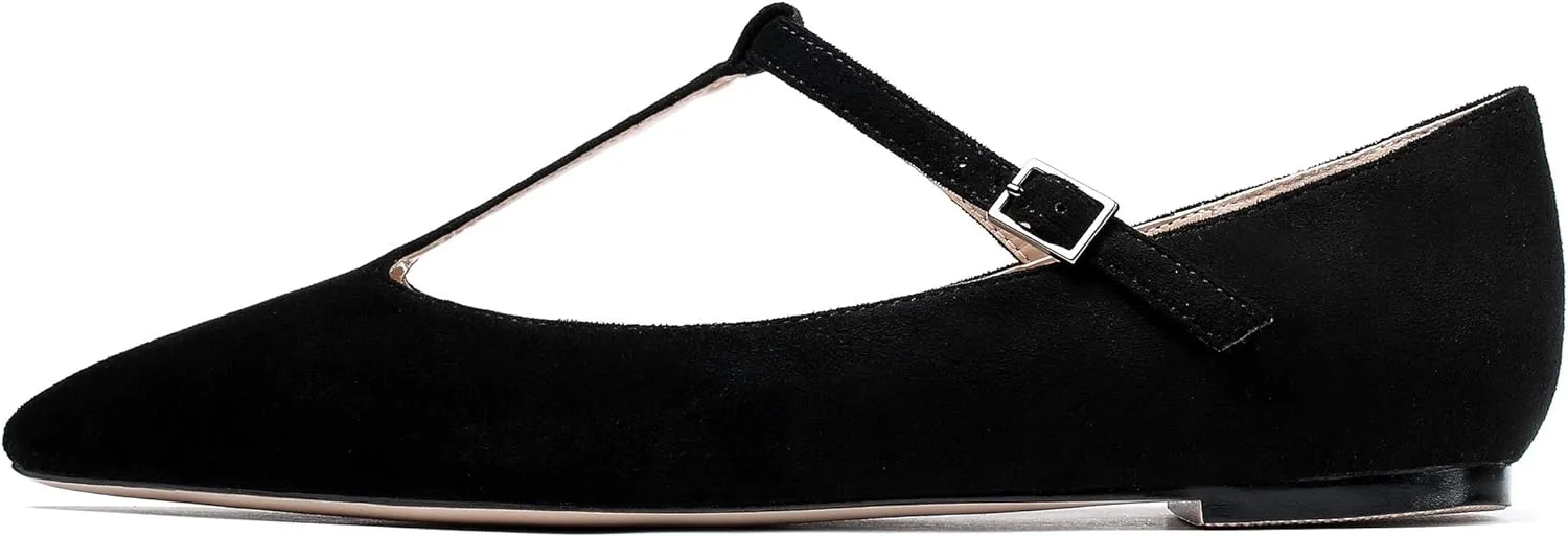 Eldof Women's Pointed Flat Pumps, T-Strap Flat Pumps, Comfortable Flat for The Office Wedding and Dress