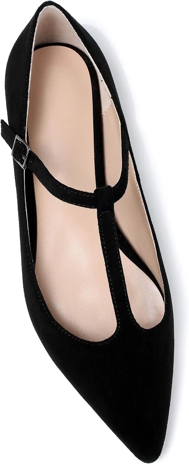 Eldof Women's Pointed Flat Pumps, T-Strap Flat Pumps, Comfortable Flat for The Office Wedding and Dress