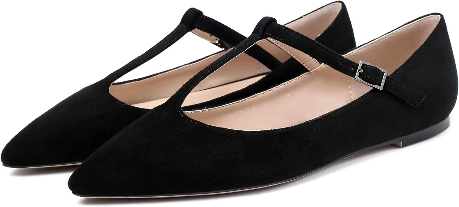 Eldof Women's Pointed Flat Pumps, T-Strap Flat Pumps, Comfortable Flat for The Office Wedding and Dress