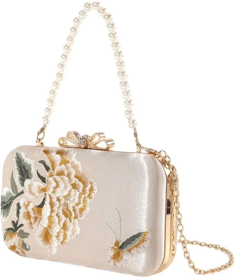 Elegant Chinese Handbag With Peony Flower Butterfly Embroidery Evening Bag Crossbody Bag for Wedding Party