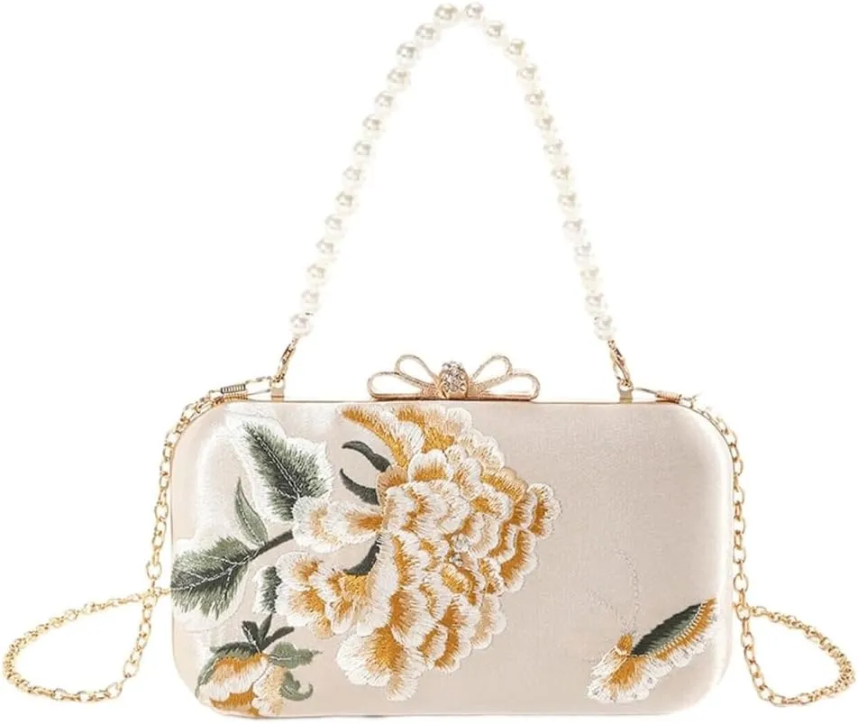 Elegant Chinese Handbag With Peony Flower Butterfly Embroidery Evening Bag Crossbody Bag for Wedding Party