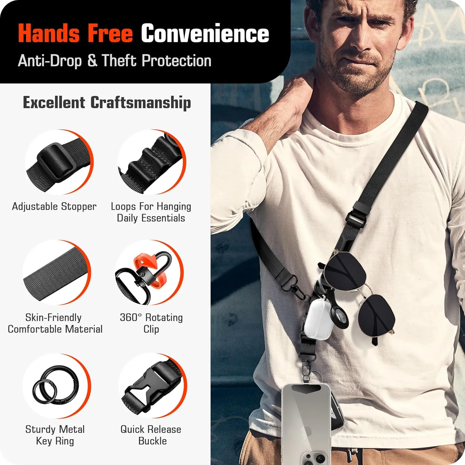 ELV Lanyard with Tether: Crossbody Strap for iPhone - Quick Release Cell Phone Lanyard for Case with Metal Tether Tabs
